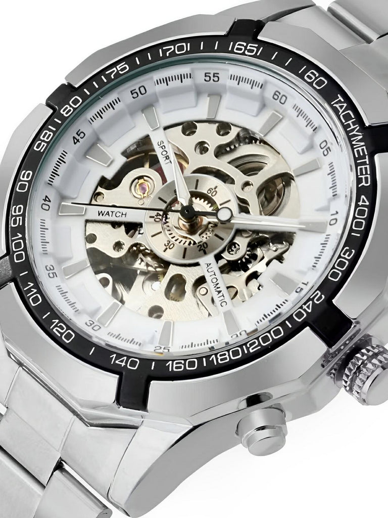 Montre automatique pour homme, squelette mécanique, cadran transparent, tachymètre, en acier inoxydable, modèle Sean - Montre - Argent et blanc