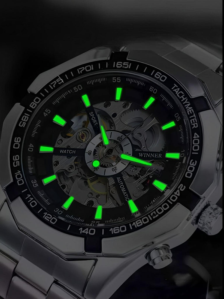 Montre automatique pour homme, squelette mécanique, cadran transparent, tachymètre, en acier inoxydable, modèle Sean - Montre - Argent et noir