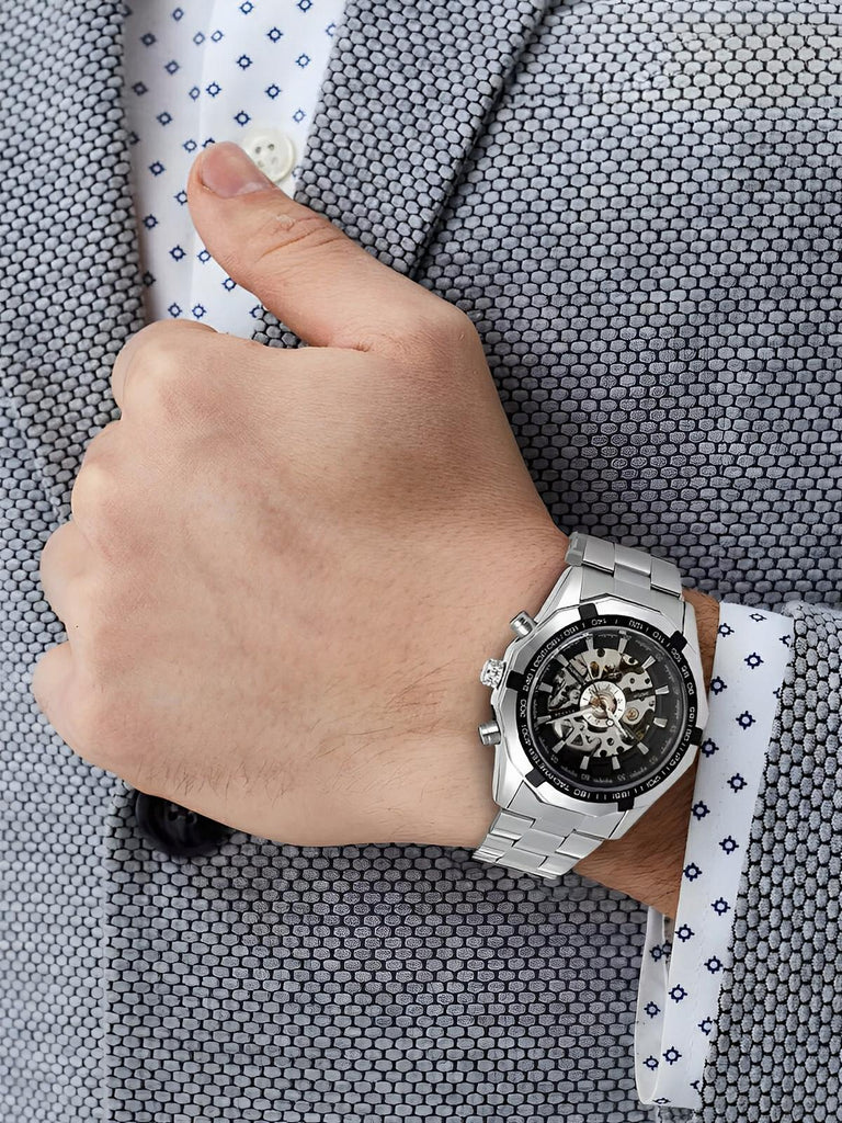 Montre automatique pour homme, squelette mécanique, cadran transparent, tachymètre, en acier inoxydable, modèle Sean - Montre - Argent et noir