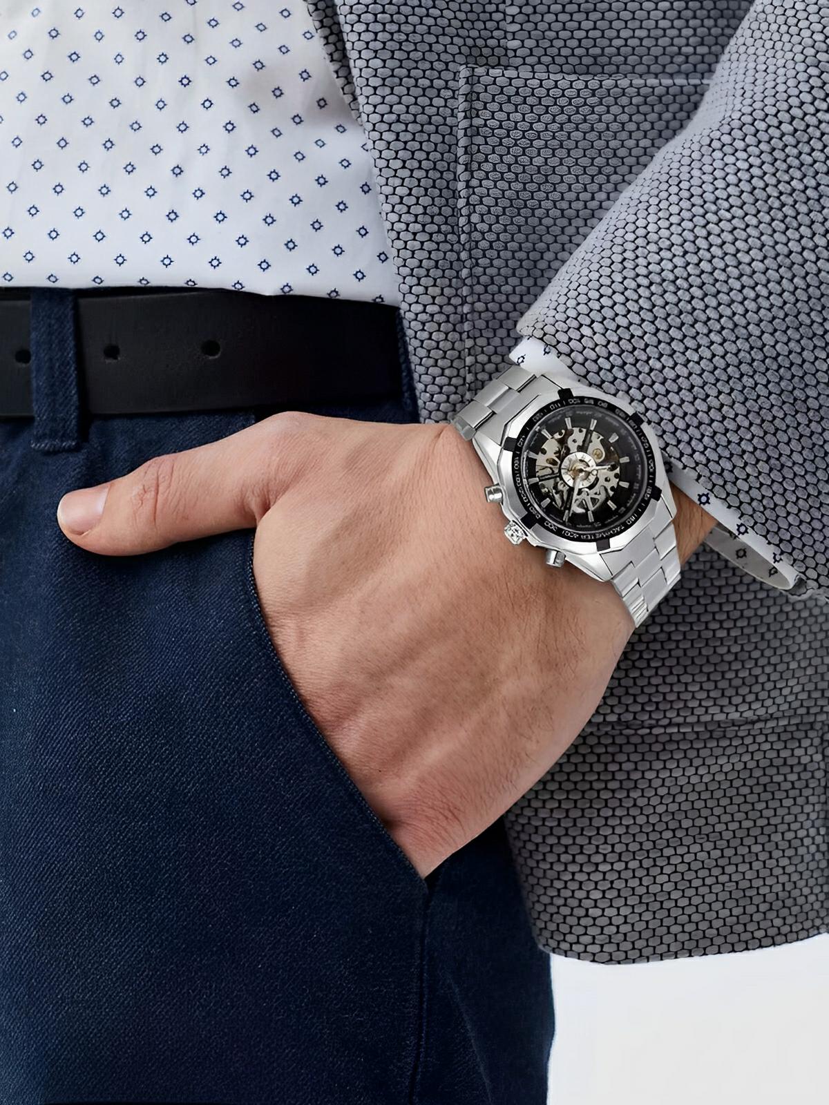Montre automatique pour homme, squelette mécanique, cadran transparent, tachymètre, en acier inoxydable, modèle Sean - Montre - Argent et noir
