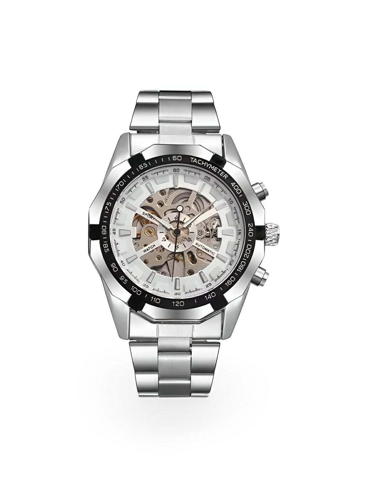 Montre automatique pour homme, squelette mécanique, cadran transparent, tachymètre, en acier inoxydable, modèle Sean - Montre - Argent et blanc
