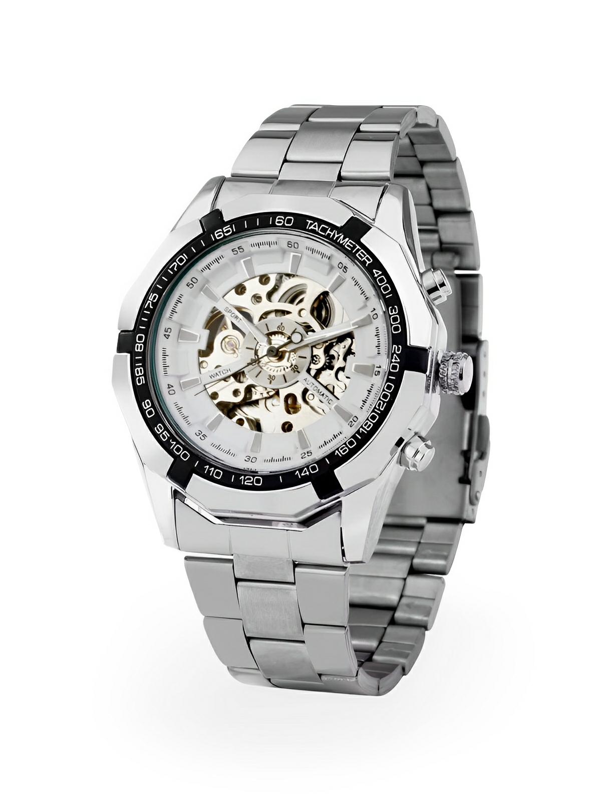 Montre automatique pour homme, squelette mécanique, cadran transparent, tachymètre, en acier inoxydable, modèle Sean - Montre - Argent et blanc