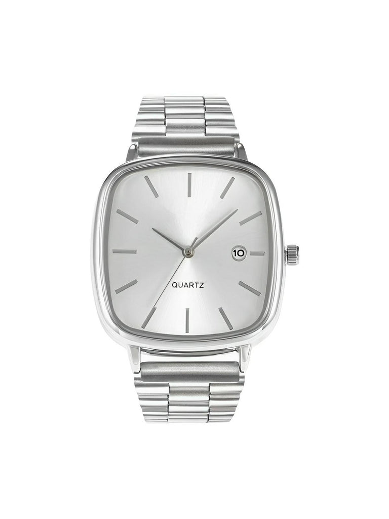Montre en acier inoxydable, cadran carré, affichage date, étanche 30M, style classique et moderne, modèle Déri - Montre - Argent et blanc