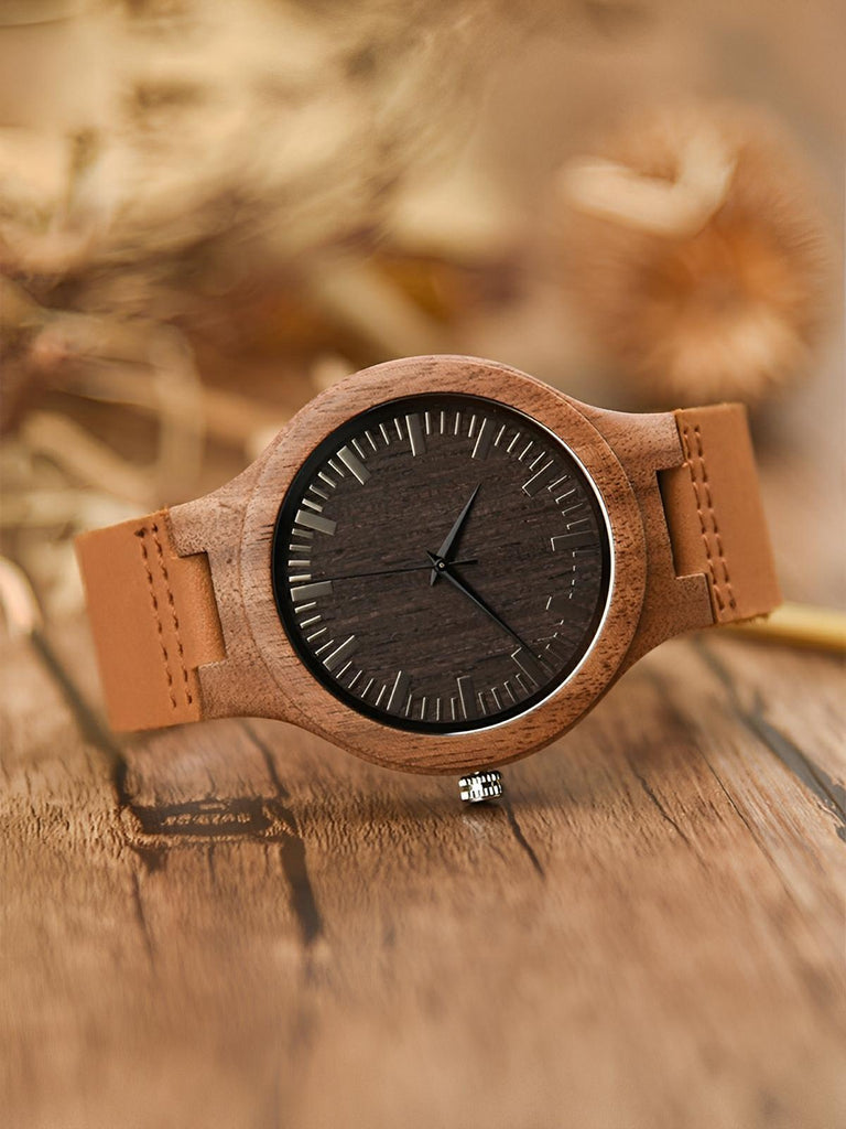 Montre en bois pour homme, cadran minimaliste, bracelet cuir, mouvement quartz, style naturel, modèle Énole - Montre - Noir