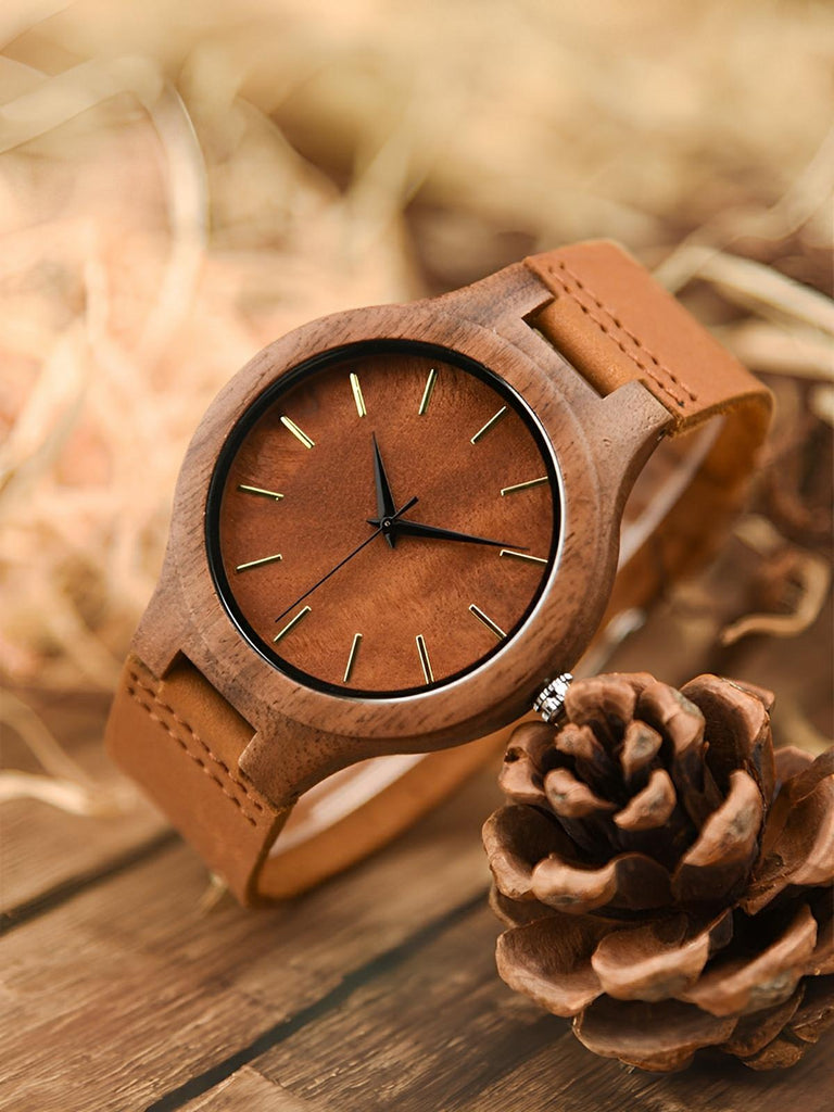 Montre en bois pour homme, cadran minimaliste, bracelet cuir, mouvement quartz, style naturel, modèle Énole - Montre - Marron