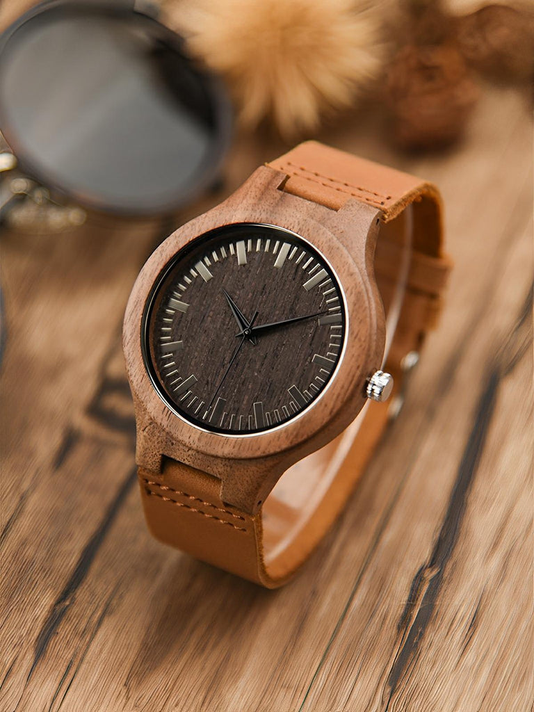Montre en bois pour homme, cadran minimaliste, bracelet cuir, mouvement quartz, style naturel, modèle Énole - Montre - Noir