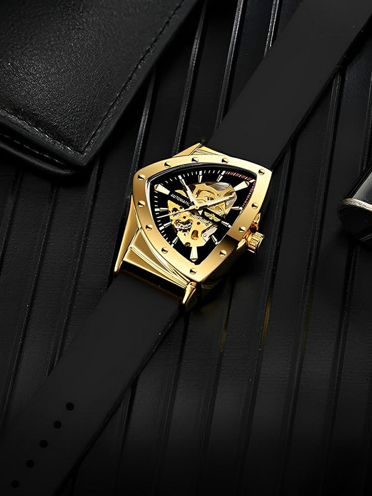 Montre homme automatique, boîtier triangulaire, cadran squelette, bracelet silicone, aiguilles luminescentes, modèle Karl - Montre - Or