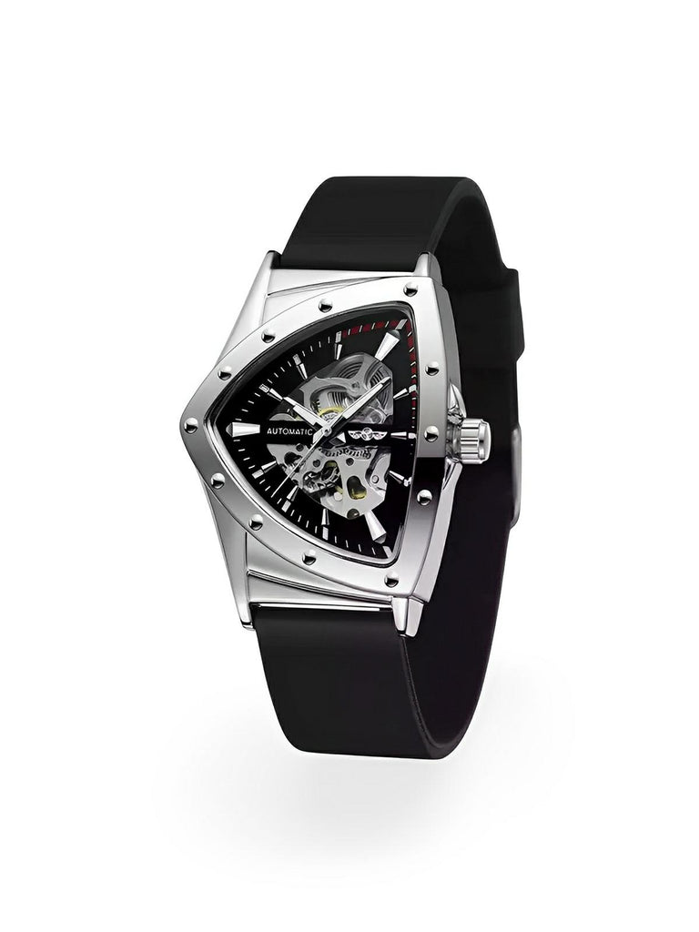 Montre homme automatique, boîtier triangulaire, cadran squelette, bracelet silicone, aiguilles luminescentes, modèle Karl - Montre - Argent