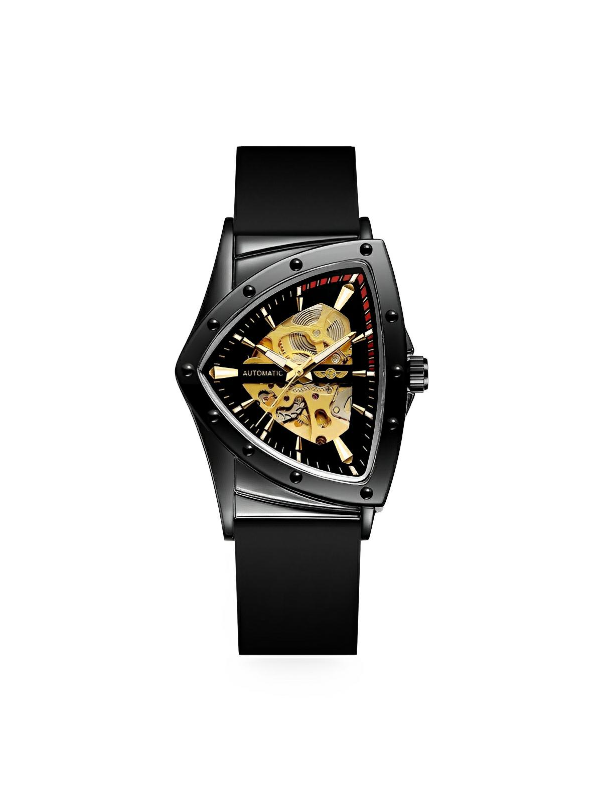 Montre homme automatique, boîtier triangulaire, cadran squelette, bracelet silicone, aiguilles luminescentes, modèle Karl - Montre - Noir