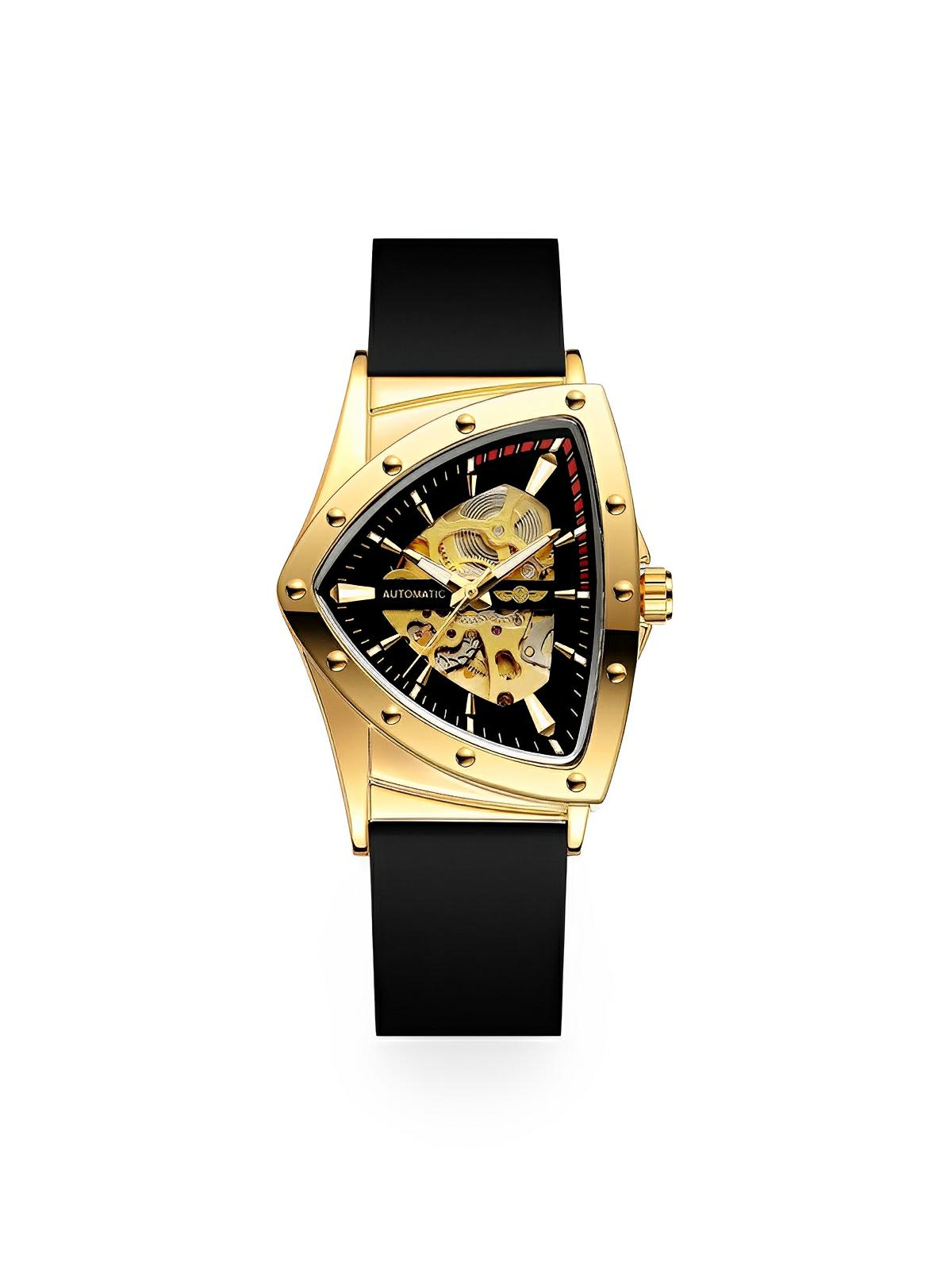 Montre homme automatique, boîtier triangulaire, cadran squelette, bracelet silicone, aiguilles luminescentes, modèle Karl - Montre - Or