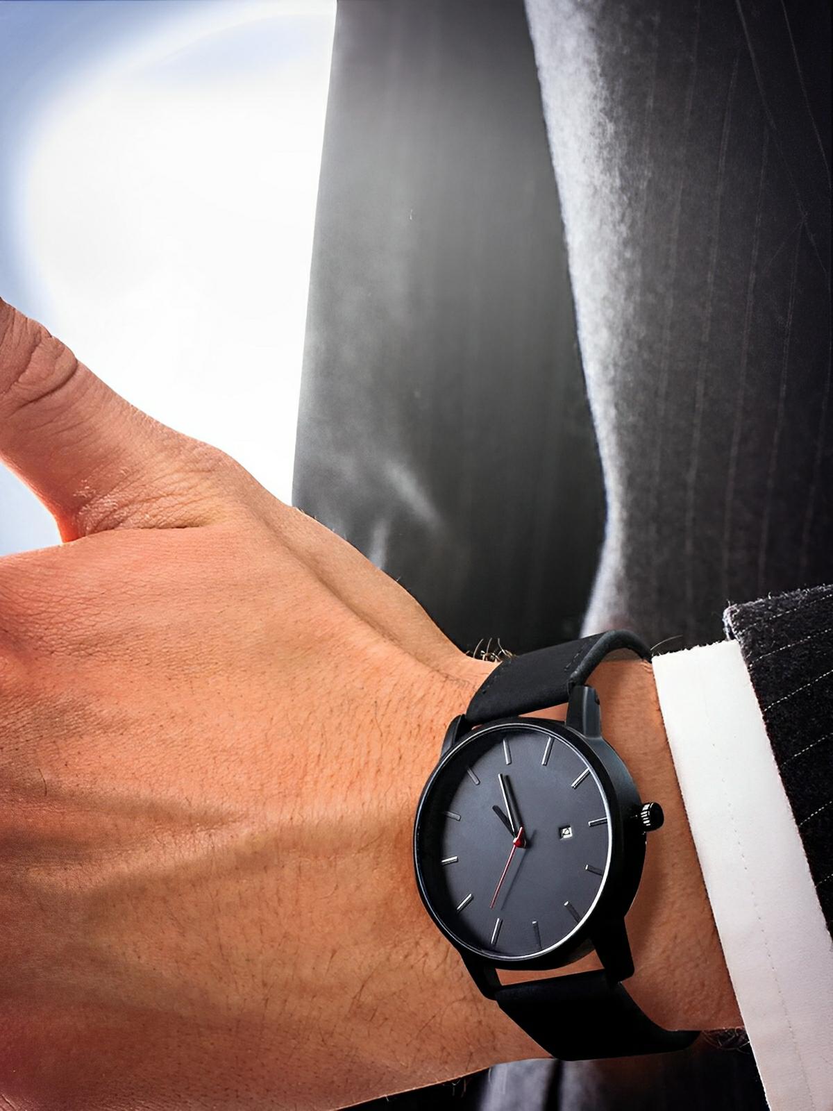 Montre homme quartz, cadran minimaliste, en simili vegan, avec affichage de date, modèle Kayl - Montre - Noir et noir