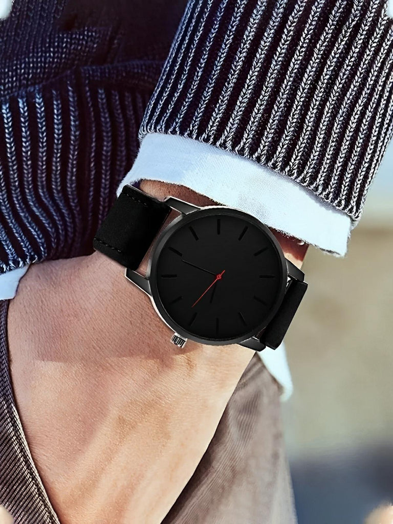 Montre homme quartz, cadran minimaliste, en simili vegan, avec affichage de date, modèle Kayl - Montre - Noir et noir