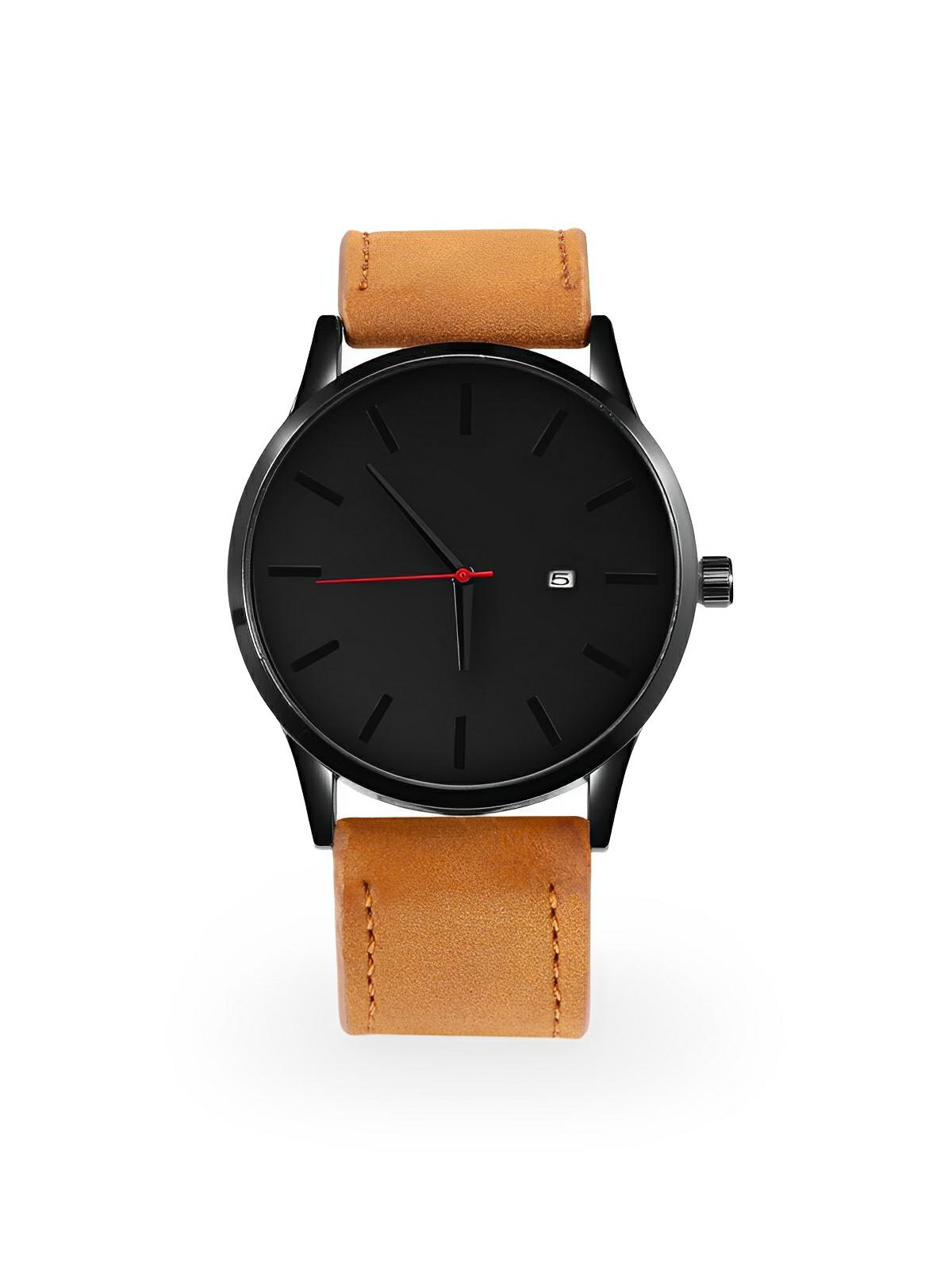 Montre homme quartz, cadran minimaliste, en simili vegan, avec affichage de date, modèle Kayl - Montre - Marron et noir
