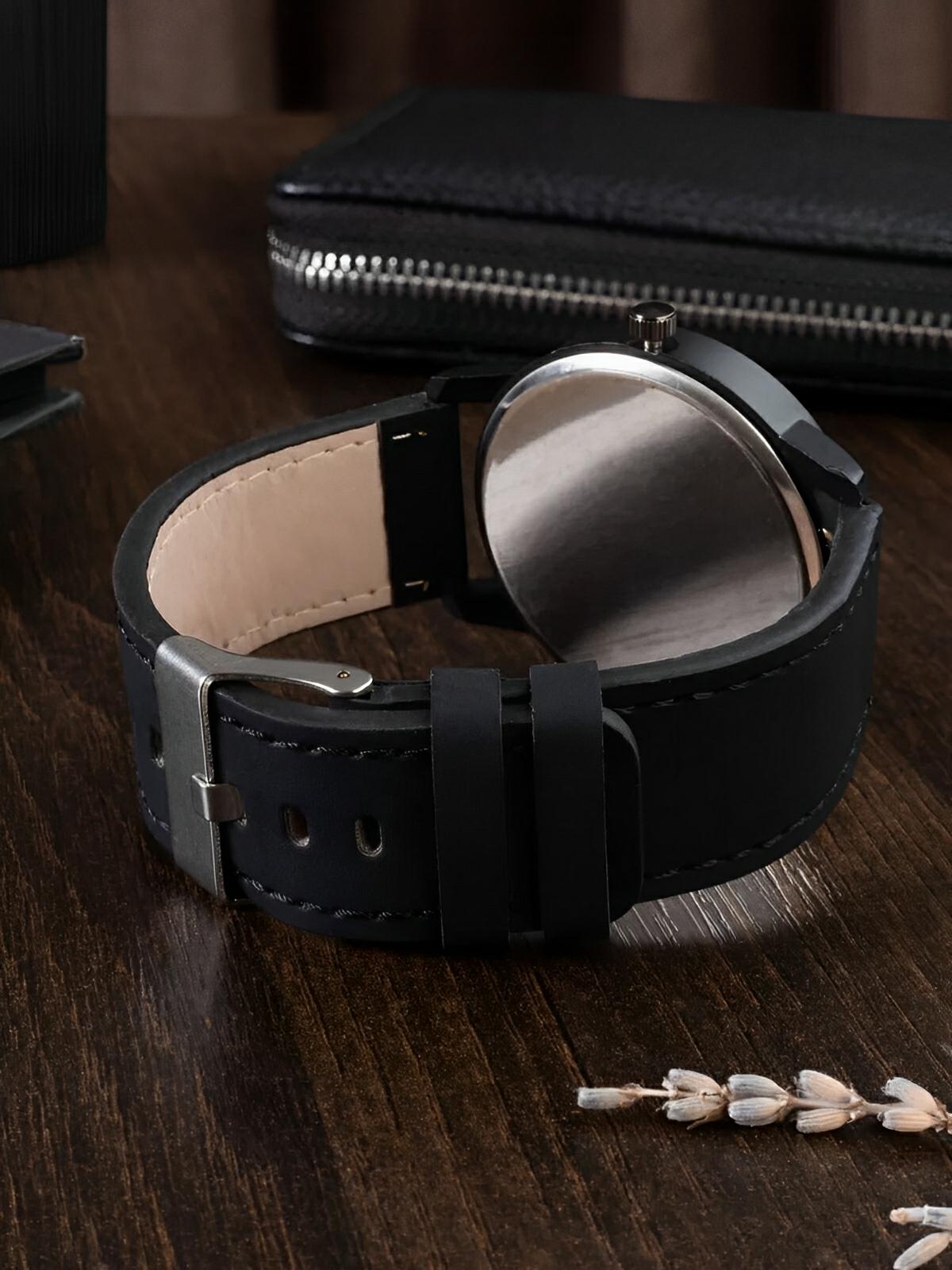 Montre homme quartz, cadran minimaliste, en simili vegan, avec affichage de date, modèle Kayl - Montre - Noir et noir