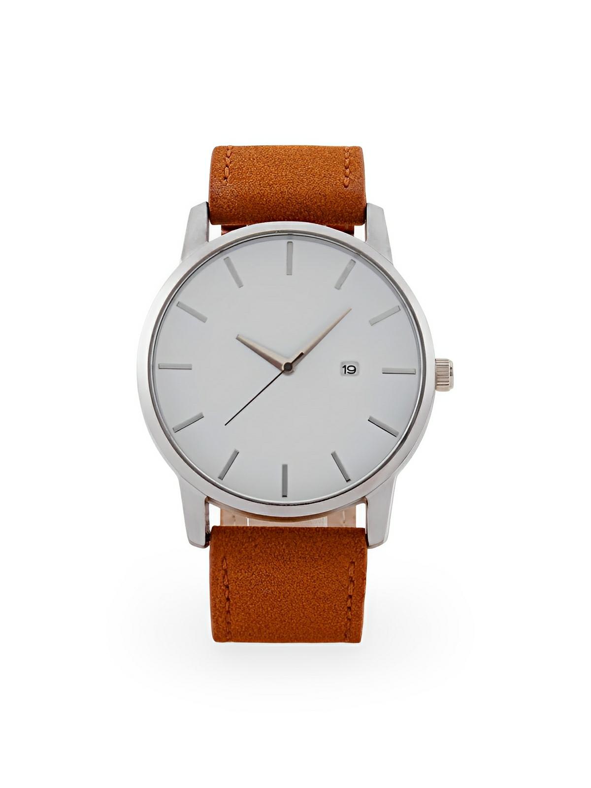 Montre homme quartz, cadran minimaliste, en simili vegan, avec affichage de date, modèle Kayl - Montre - Camel et blanc
