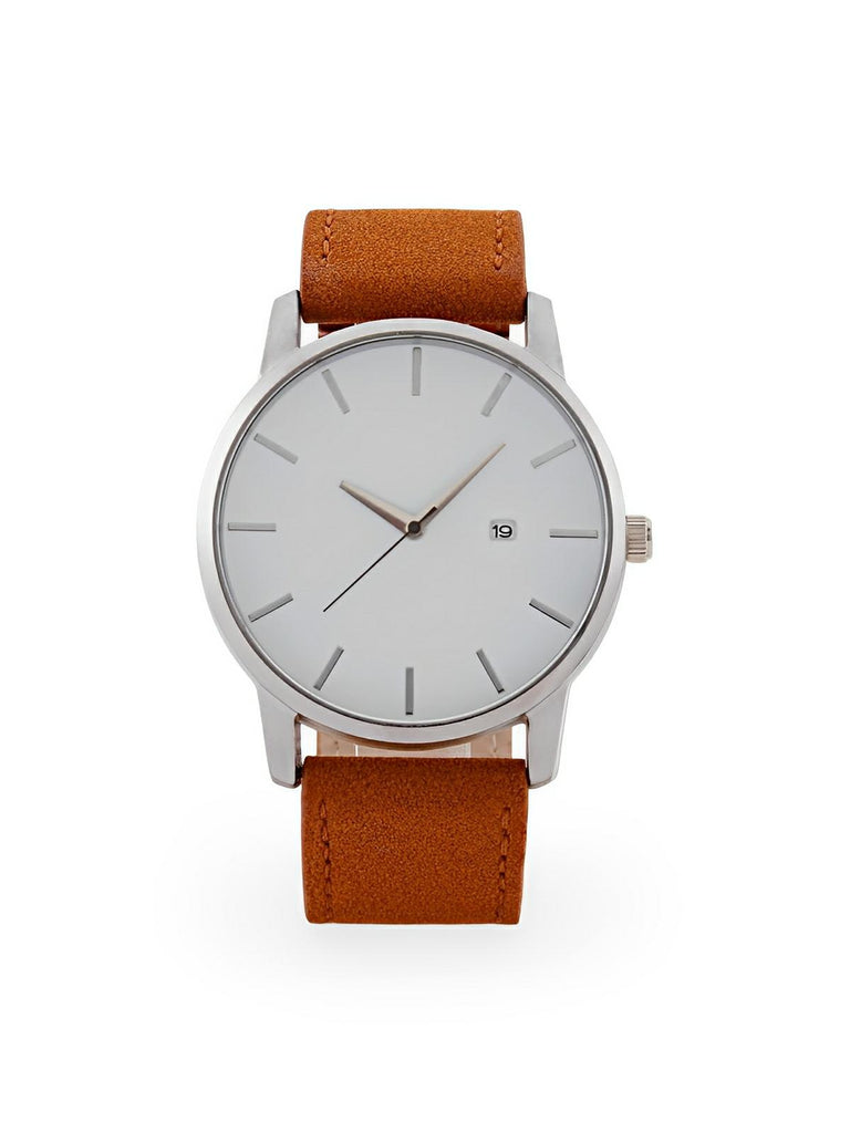 Montre homme quartz, cadran minimaliste, en simili vegan, avec affichage de date, modèle Kayl - Montre - Camel et blanc