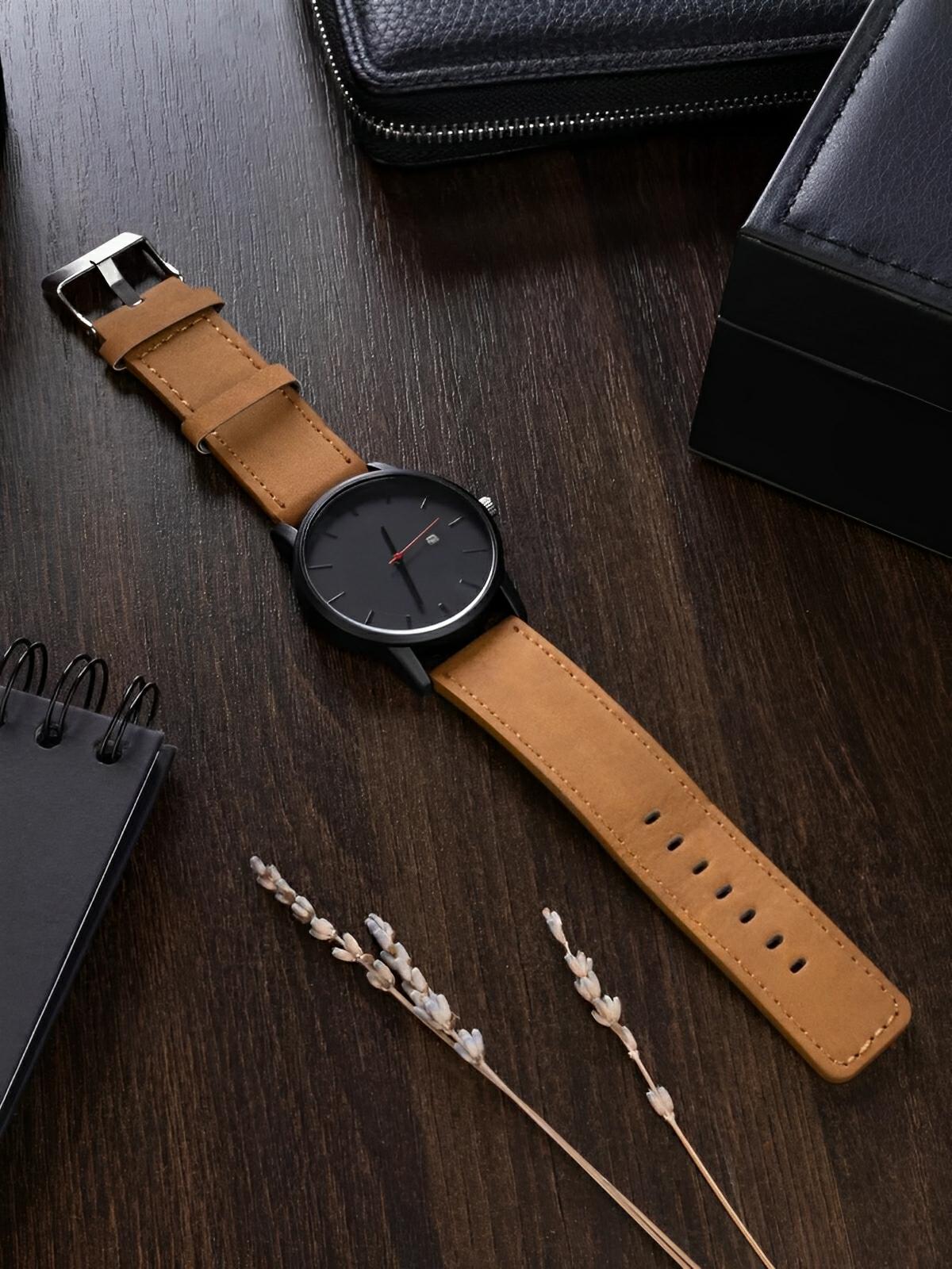 Montre homme quartz, cadran minimaliste, en simili vegan, avec affichage de date, modèle Kayl - Montre - Marron et noir