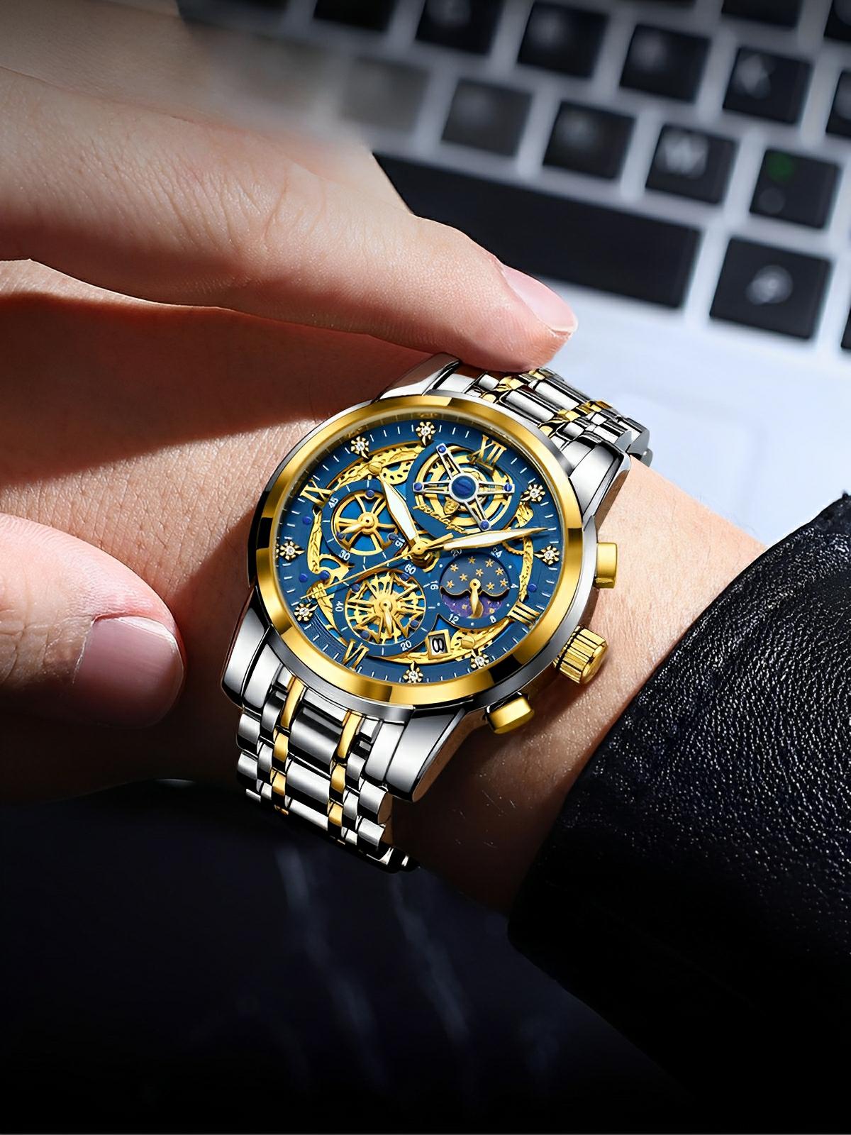 Montre homme squelette, chronographe, acier inoxydable, cadran bleu, en acier inoxydable, modèle Smith - Montre - Argent et or
