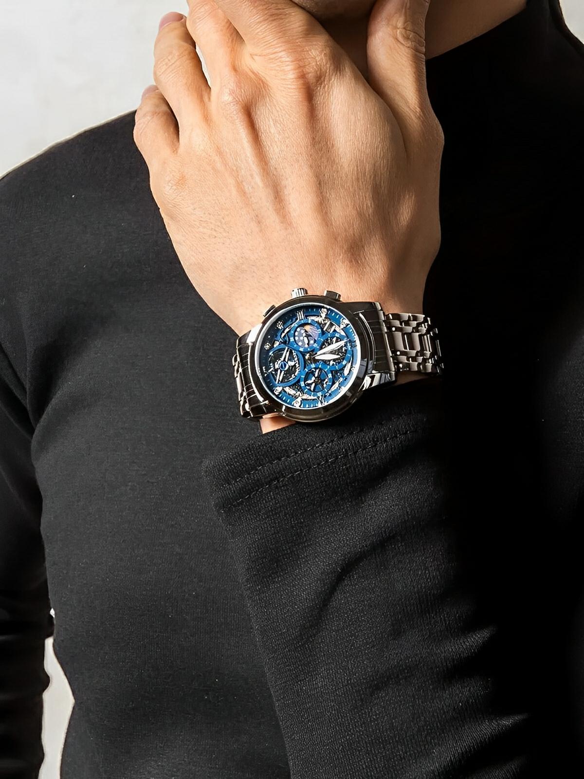 Montre homme squelette, chronographe, acier inoxydable, cadran bleu, en acier inoxydable, modèle Smith - Montre - Argent