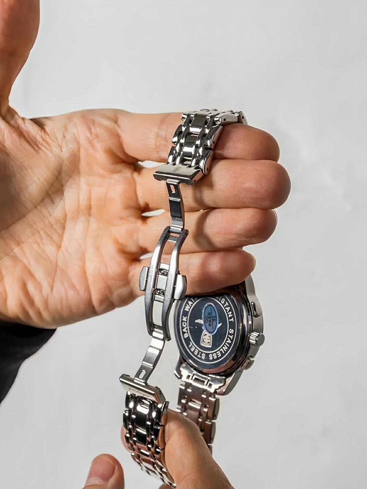 Montre homme squelette, chronographe, acier inoxydable, cadran bleu, en acier inoxydable, modèle Smith - Montre - Argent