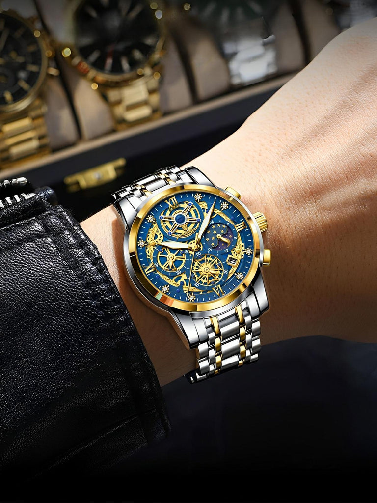 Montre homme squelette, chronographe, acier inoxydable, cadran bleu, en acier inoxydable, modèle Smith - Montre - Argent et or