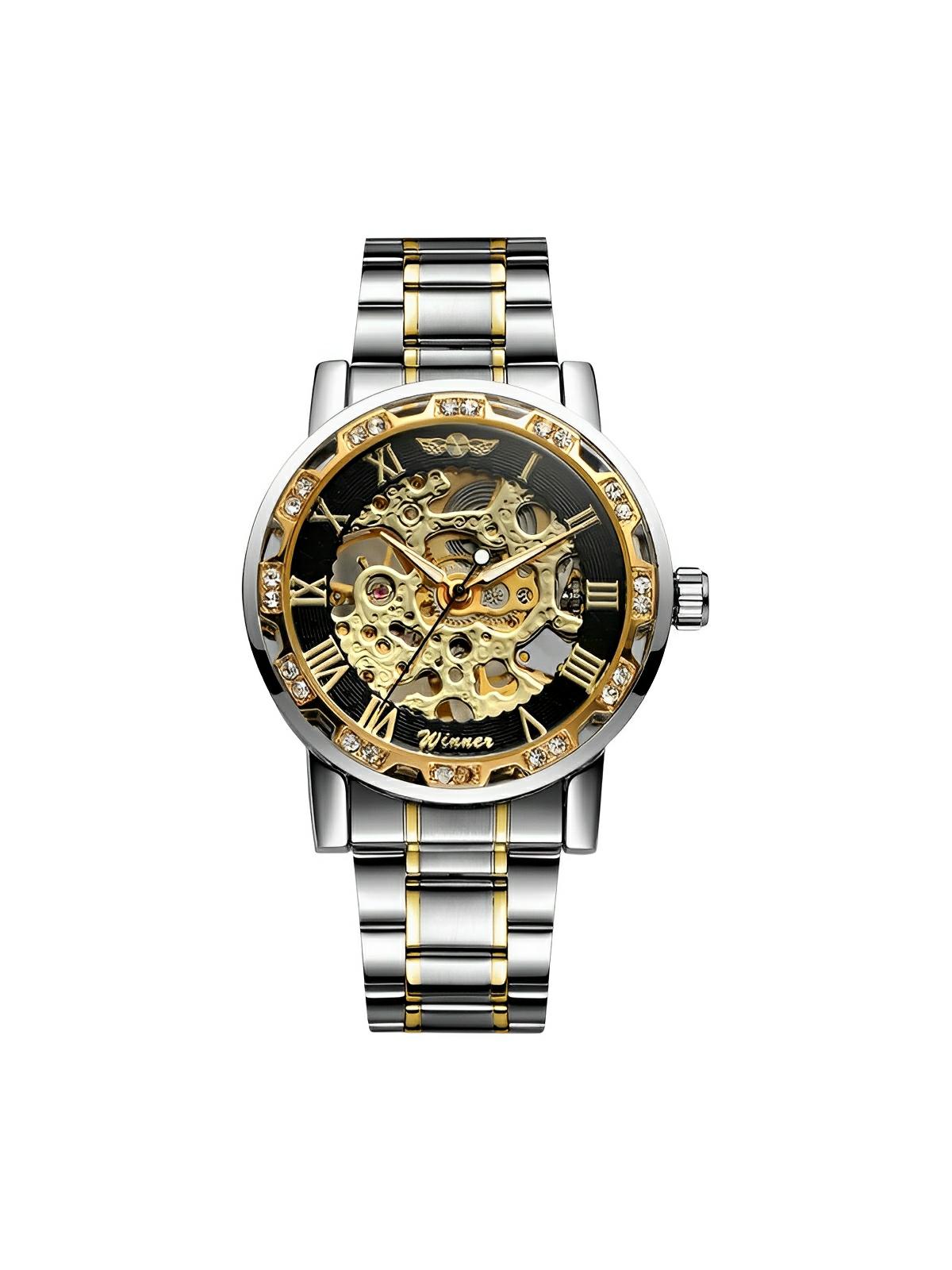 Montre mécanique squelette homme, mouvement automatique, cadran ajouré, bracelet acier, design luxueux, modèle Waylon - Montre - Argent et or