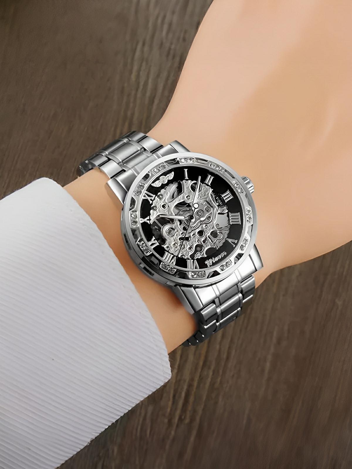Montre mécanique squelette homme, mouvement automatique, cadran ajouré, bracelet acier, design luxueux, modèle Waylon - Montre - Argent et noir