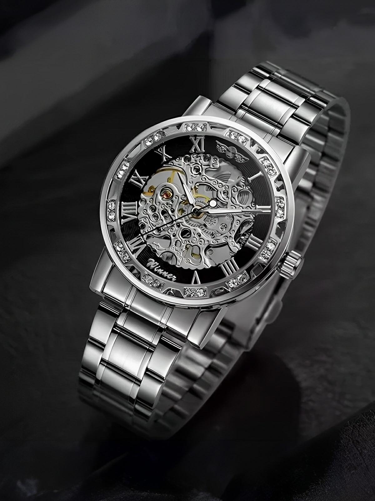 Montre mécanique squelette homme, mouvement automatique, cadran ajouré, bracelet acier, design luxueux, modèle Waylon - Montre - Argent et noir