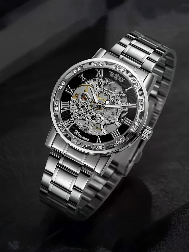 Montre mécanique squelette homme, mouvement automatique, cadran ajouré, bracelet acier, design luxueux, modèle Waylon - Montre - Argent et noir