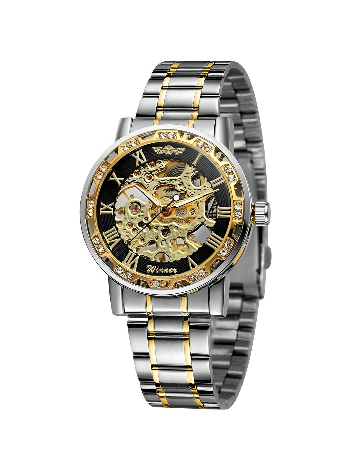 Montre mécanique squelette homme, mouvement automatique, cadran ajouré, bracelet acier, design luxueux, modèle Waylon - Montre - Argent et or