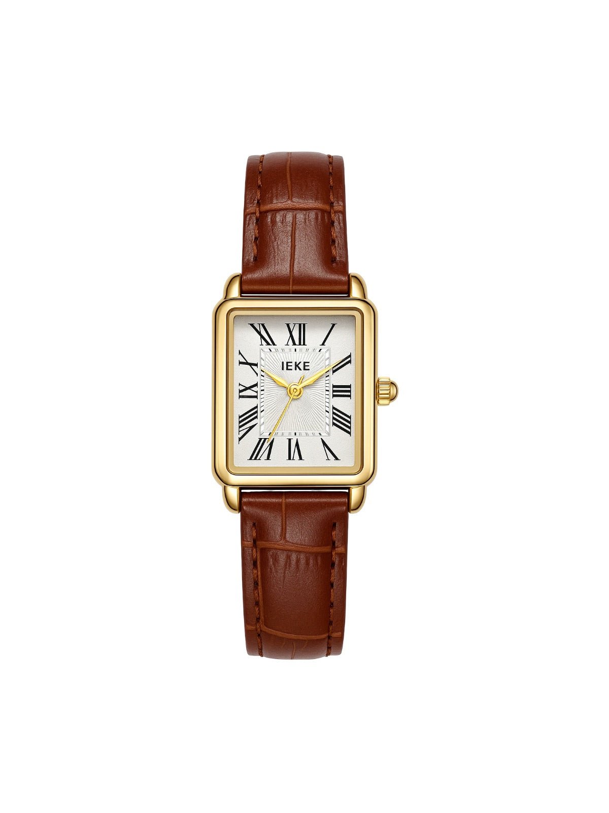 Montre rectangulaire femme, boîtier doré, chiffres romains, bracelet simili vegan, style vintage, modèle Shana - Montre - Marron
