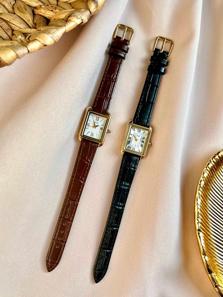 Montre rectangulaire femme, boîtier doré, chiffres romains, bracelet simili vegan, style vintage, modèle Shana - Montre - Noire