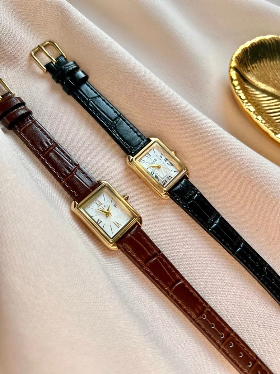 Montre rectangulaire femme, boîtier doré, chiffres romains, bracelet simili vegan, style vintage, modèle Shana - Montre - Noire