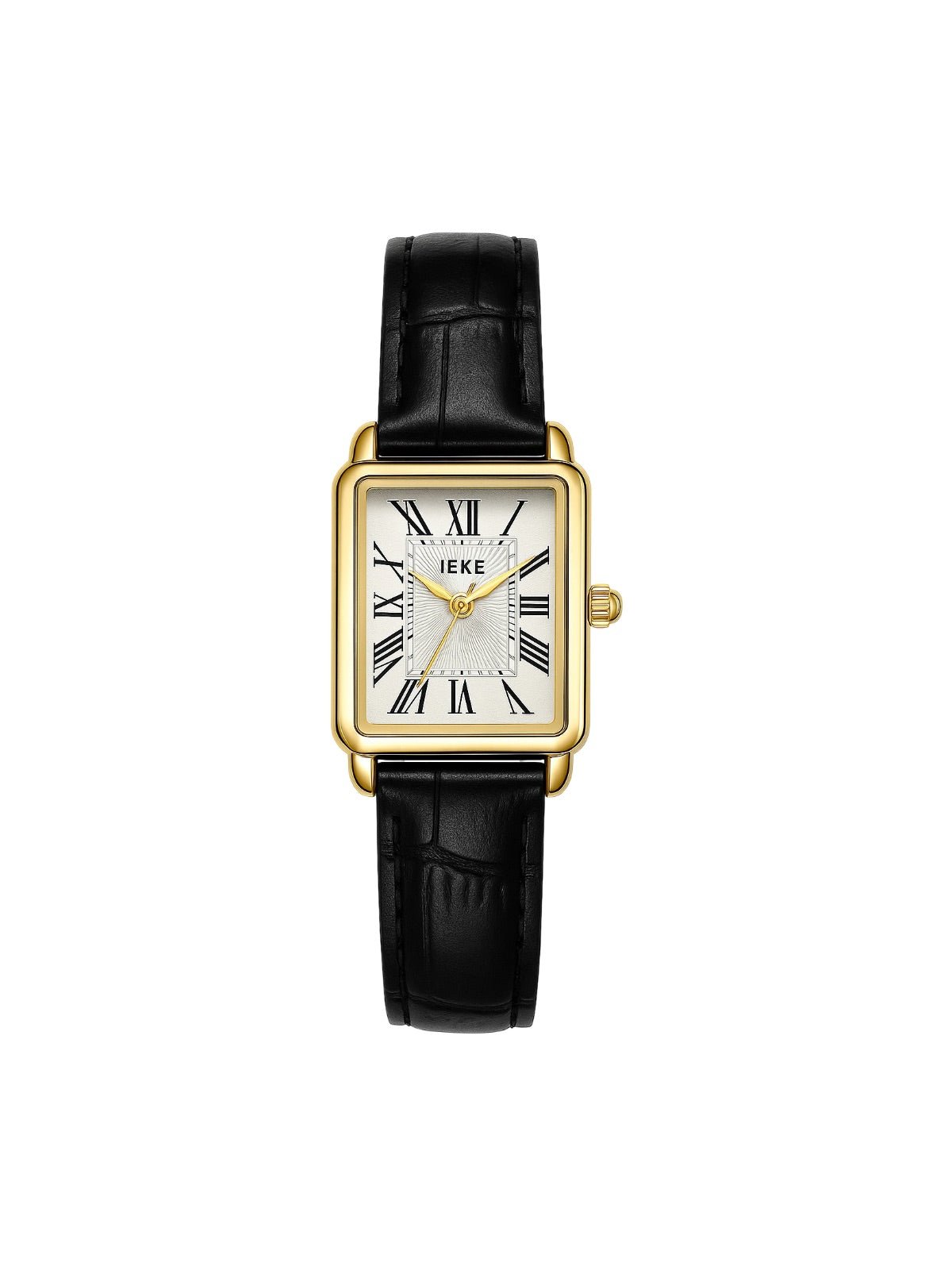 Montre rectangulaire femme, boîtier doré, chiffres romains, bracelet simili vegan, style vintage, modèle Shana - Montre - Noire