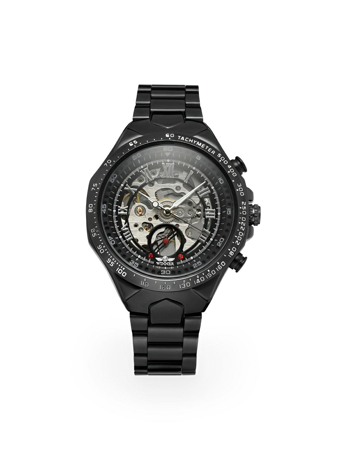 Montre squelette mécanique, cadran transparent, acier inoxydable, mouvement automatique, design luxueux, modèle Denzel - Montre - Noir