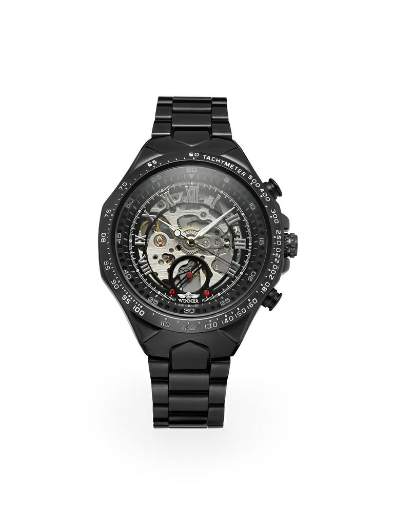 Montre squelette mécanique, cadran transparent, acier inoxydable, mouvement automatique, design luxueux, modèle Denzel - Montre - Noir