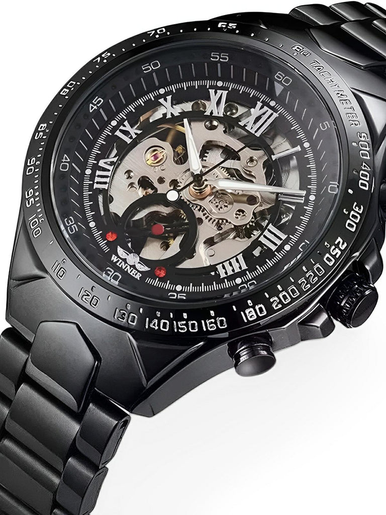 Montre squelette mécanique, cadran transparent, acier inoxydable, mouvement automatique, design luxueux, modèle Denzel - Montre - Noir