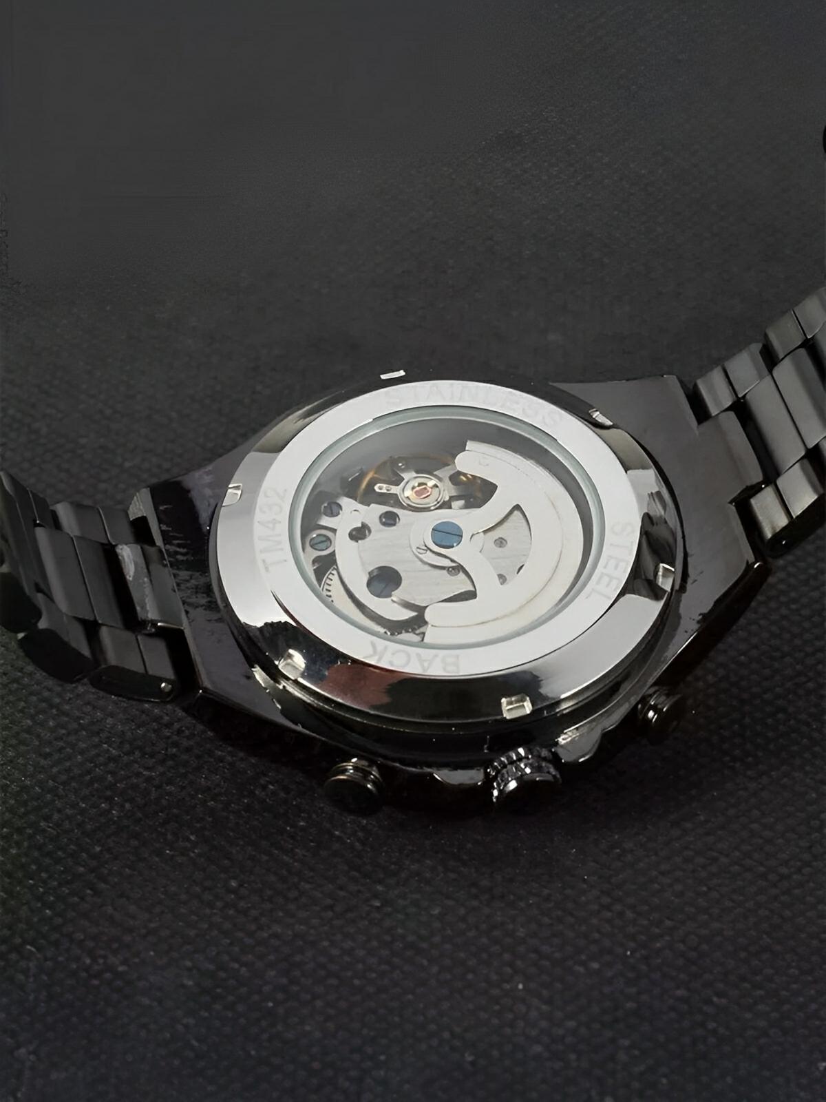 Montre squelette mécanique, cadran transparent, acier inoxydable, mouvement automatique, design luxueux, modèle Denzel - Montre - Noir