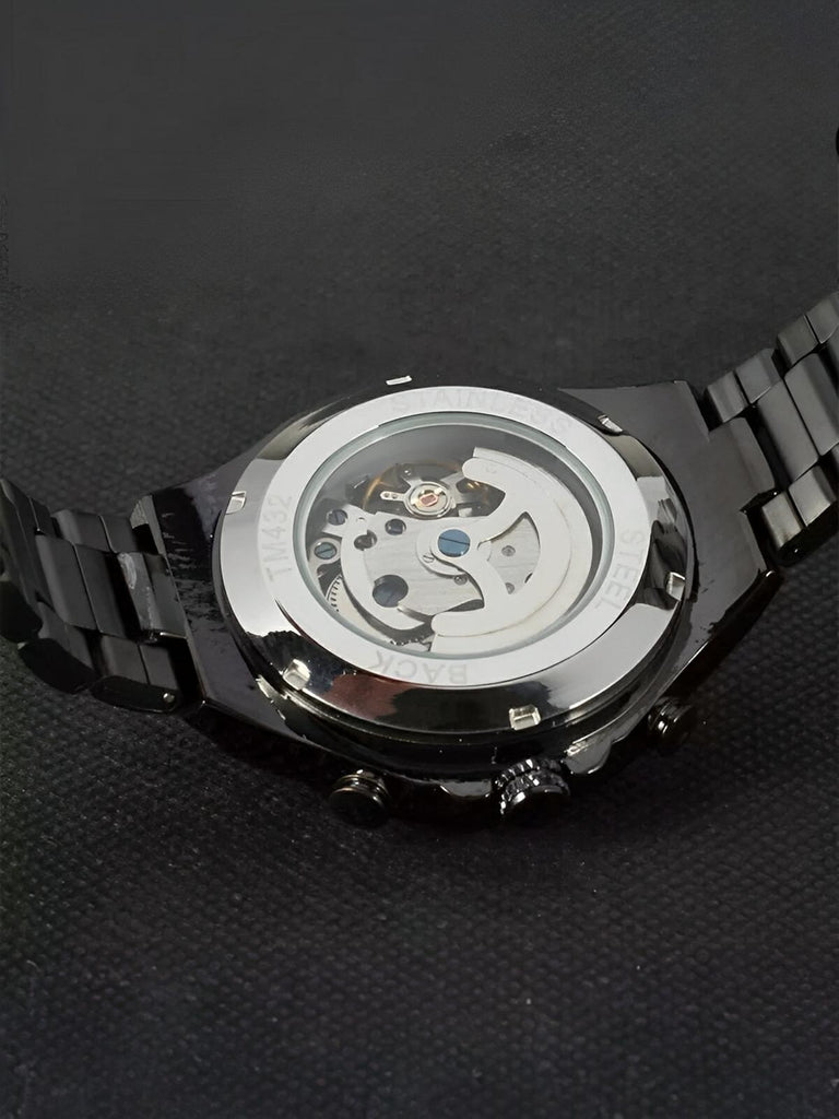 Montre squelette mécanique, cadran transparent, acier inoxydable, mouvement automatique, design luxueux, modèle Denzel - Montre - Noir