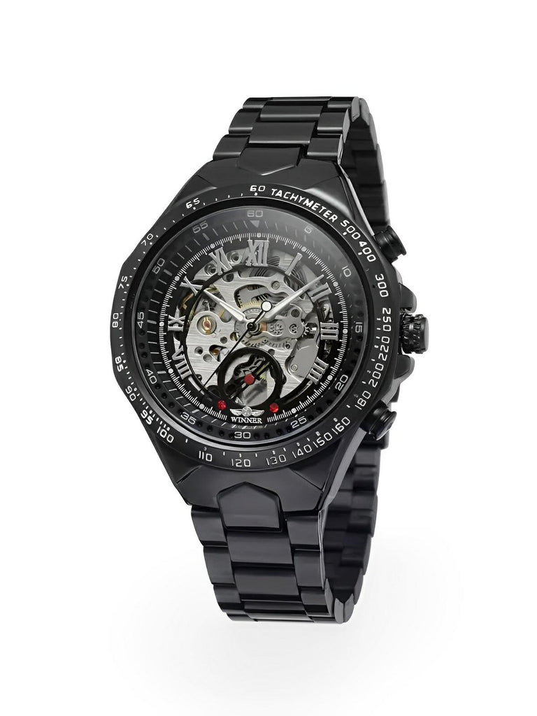 Montre squelette mécanique, cadran transparent, acier inoxydable, mouvement automatique, design luxueux, modèle Denzel - Montre - Noir