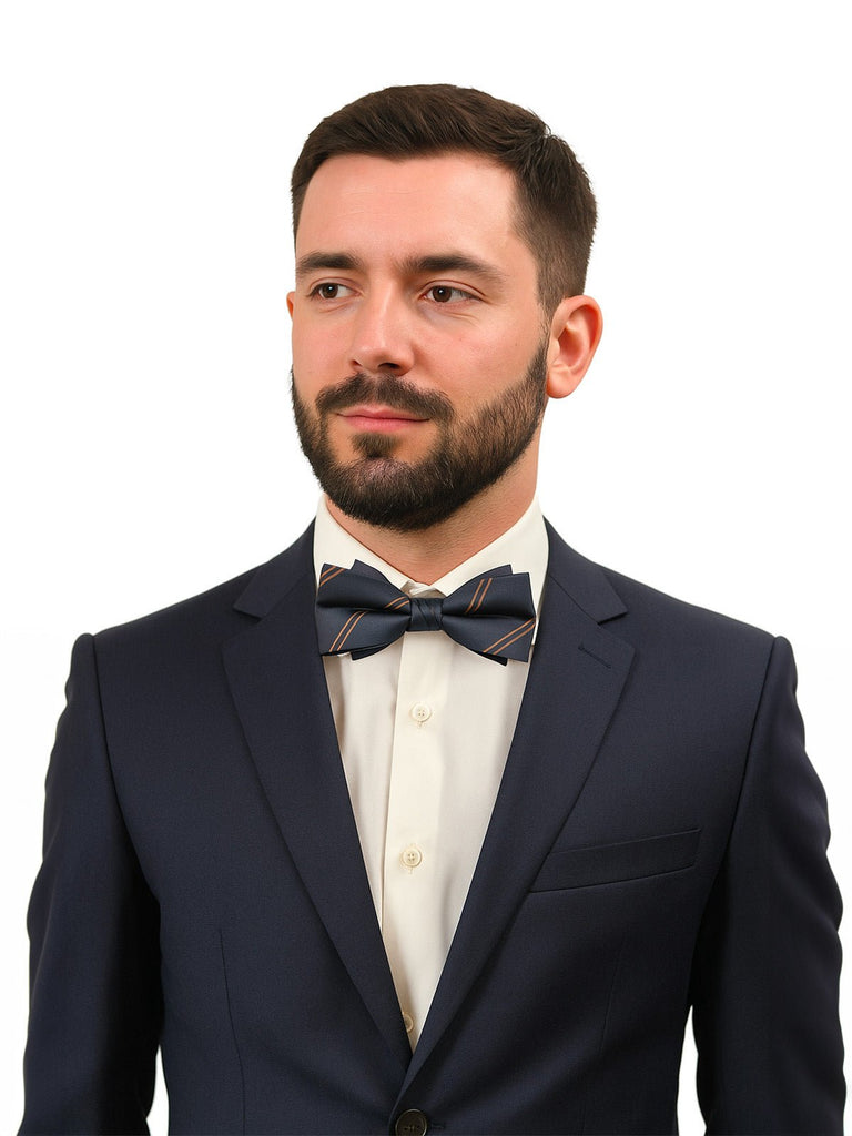 Nœud papillon homme à nouer, rayé bleu nuit et cuivre, accessoire cérémonie, style formel moderne, tissu satiné jacquard, modèle Tonali - Bonnets - Gris
