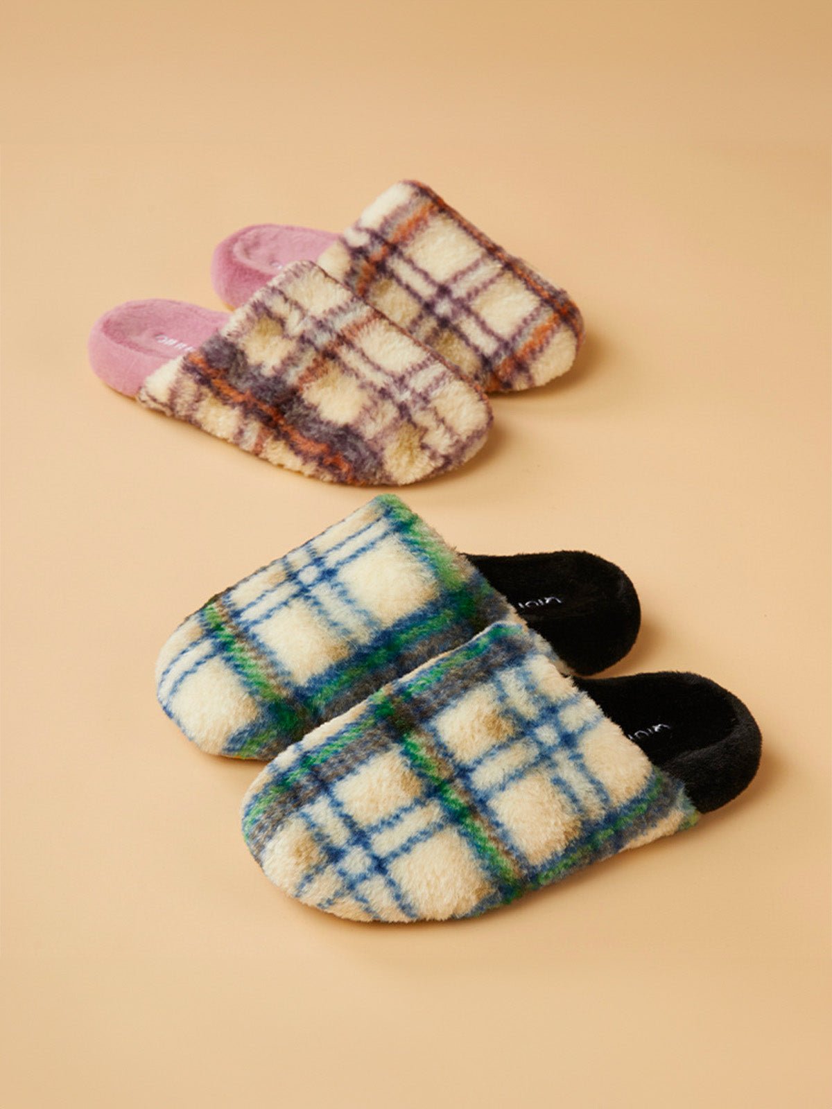 Pantoufles chaudes en peluche à carreaux pour l’hiver avec semelle antidérapante, confortables pour la maison et adaptées aux femmes comme aux hommes, modèle Modan - Chaussons - Vert XXS
