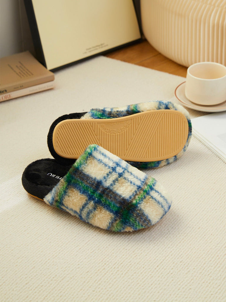 Pantoufles chaudes en peluche à carreaux pour l’hiver avec semelle antidérapante, confortables pour la maison et adaptées aux femmes comme aux hommes, modèle Modan - Chaussons - Vert XXS