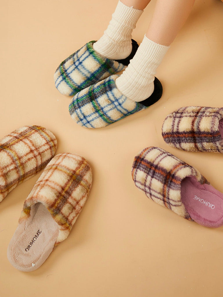 Pantoufles chaudes en peluche à carreaux pour l’hiver avec semelle antidérapante, confortables pour la maison et adaptées aux femmes comme aux hommes, modèle Modan - Chaussons - Vert XXS