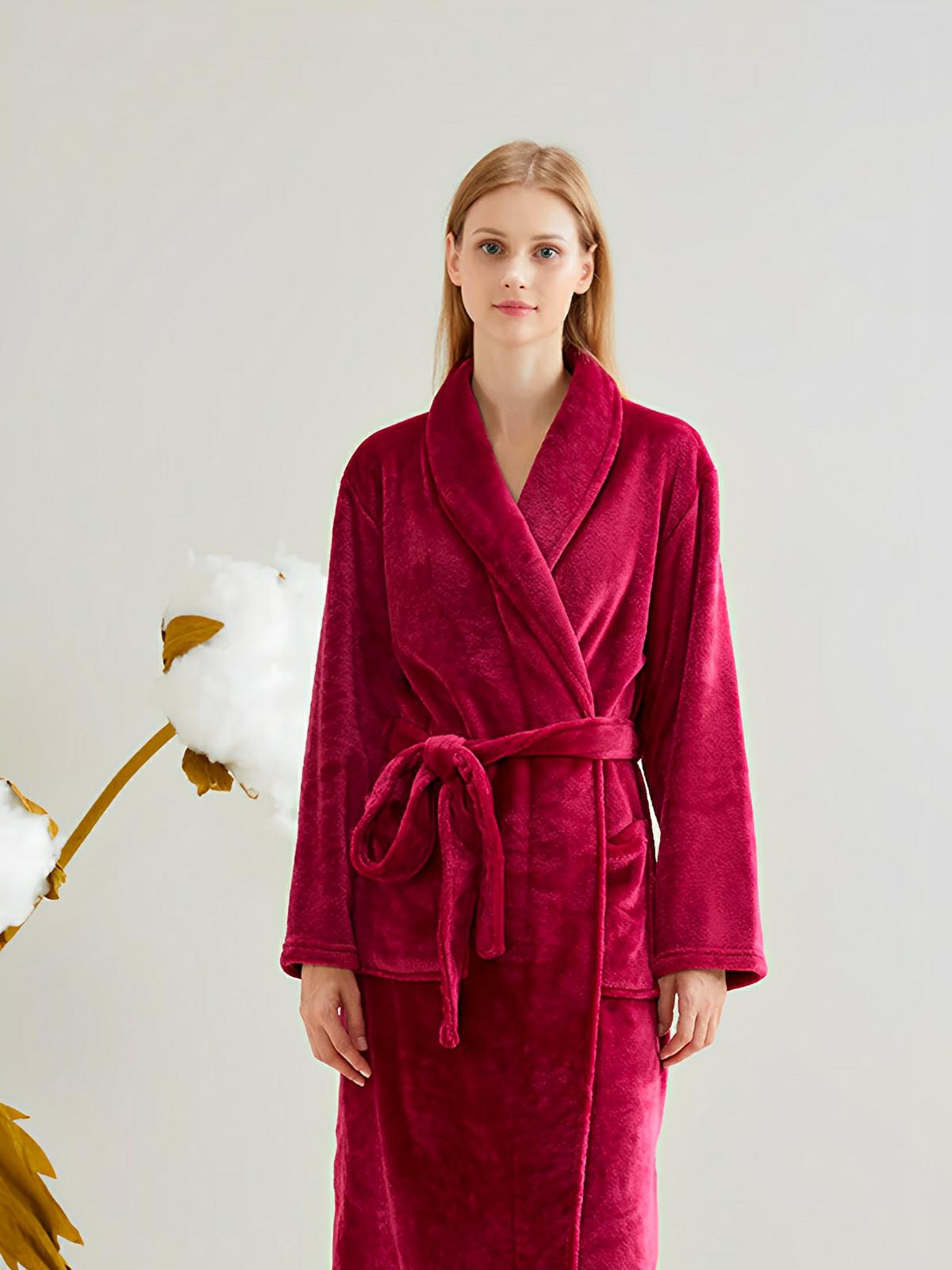 Peignoir flanelle épais, douceur cocooning, confort longue saison, ceinture ajustable, chaleur enveloppante, style unisexe, grande poche pratique, modèle Irmo - Peignoir - Rouge M