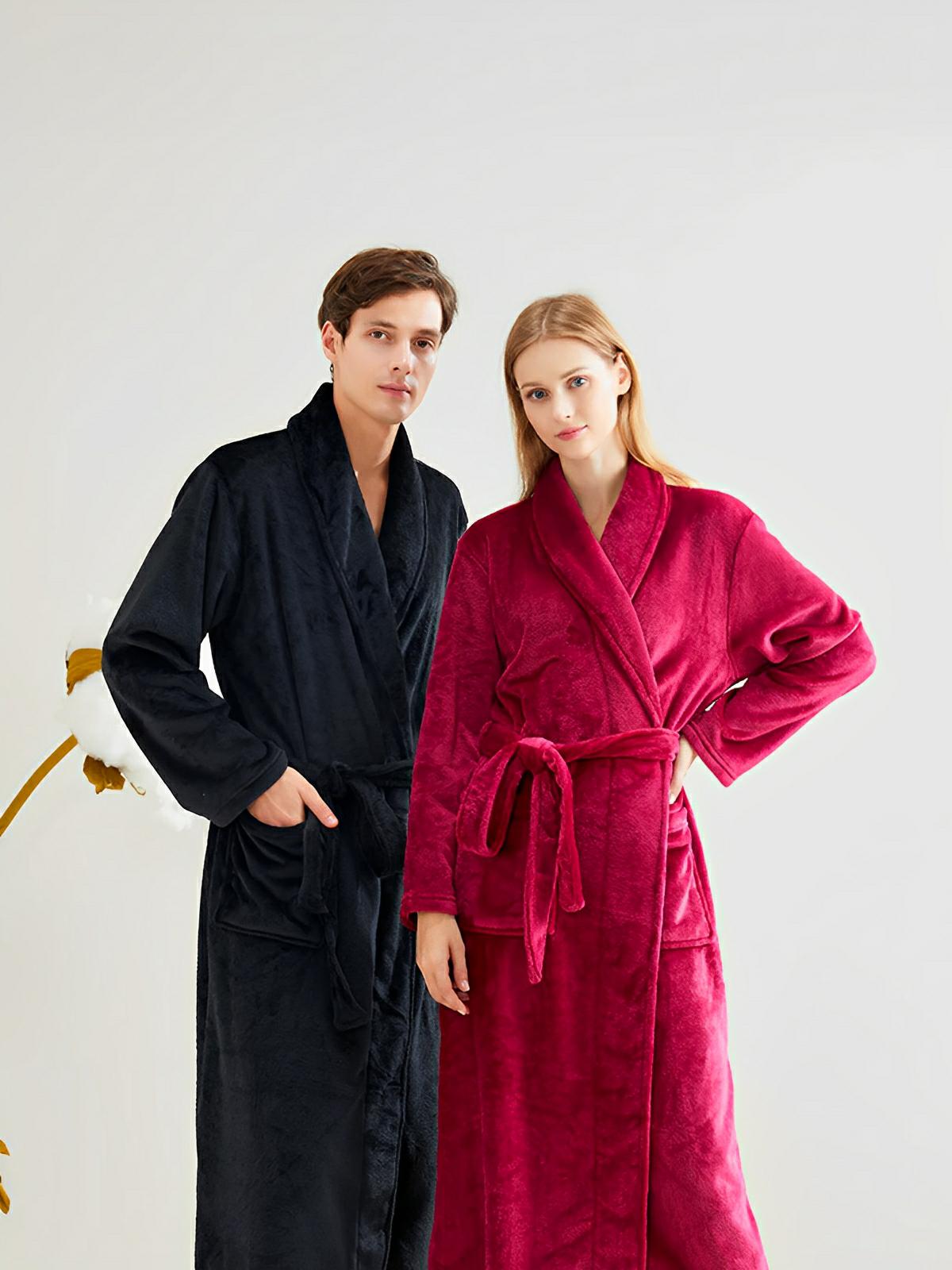 Peignoir flanelle épais, douceur cocooning, confort longue saison, ceinture ajustable, chaleur enveloppante, style unisexe, grande poche pratique, modèle Irmo - Peignoir - Rouge M
