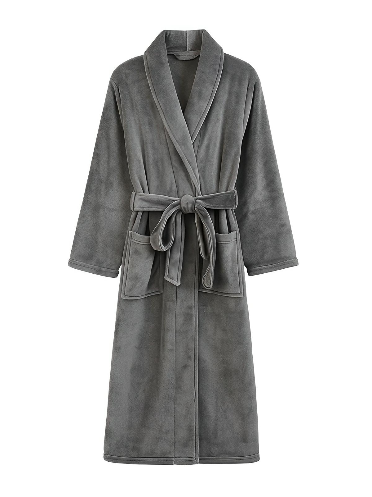 Peignoir flanelle épais, douceur cocooning, confort longue saison, ceinture ajustable, chaleur enveloppante, style unisexe, grande poche pratique, modèle Irmo - Peignoir - Gris M