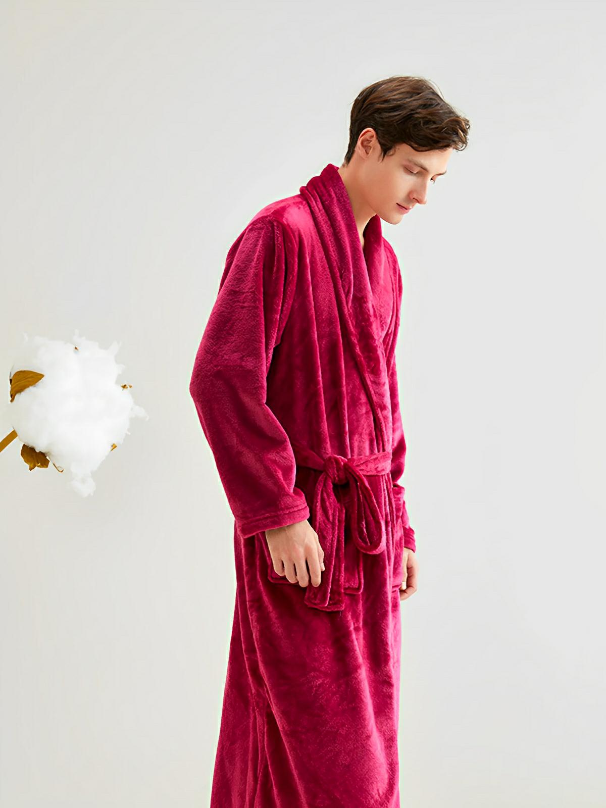 Peignoir flanelle épais, douceur cocooning, confort longue saison, ceinture ajustable, chaleur enveloppante, style unisexe, grande poche pratique, modèle Irmo - Peignoir - Rouge M