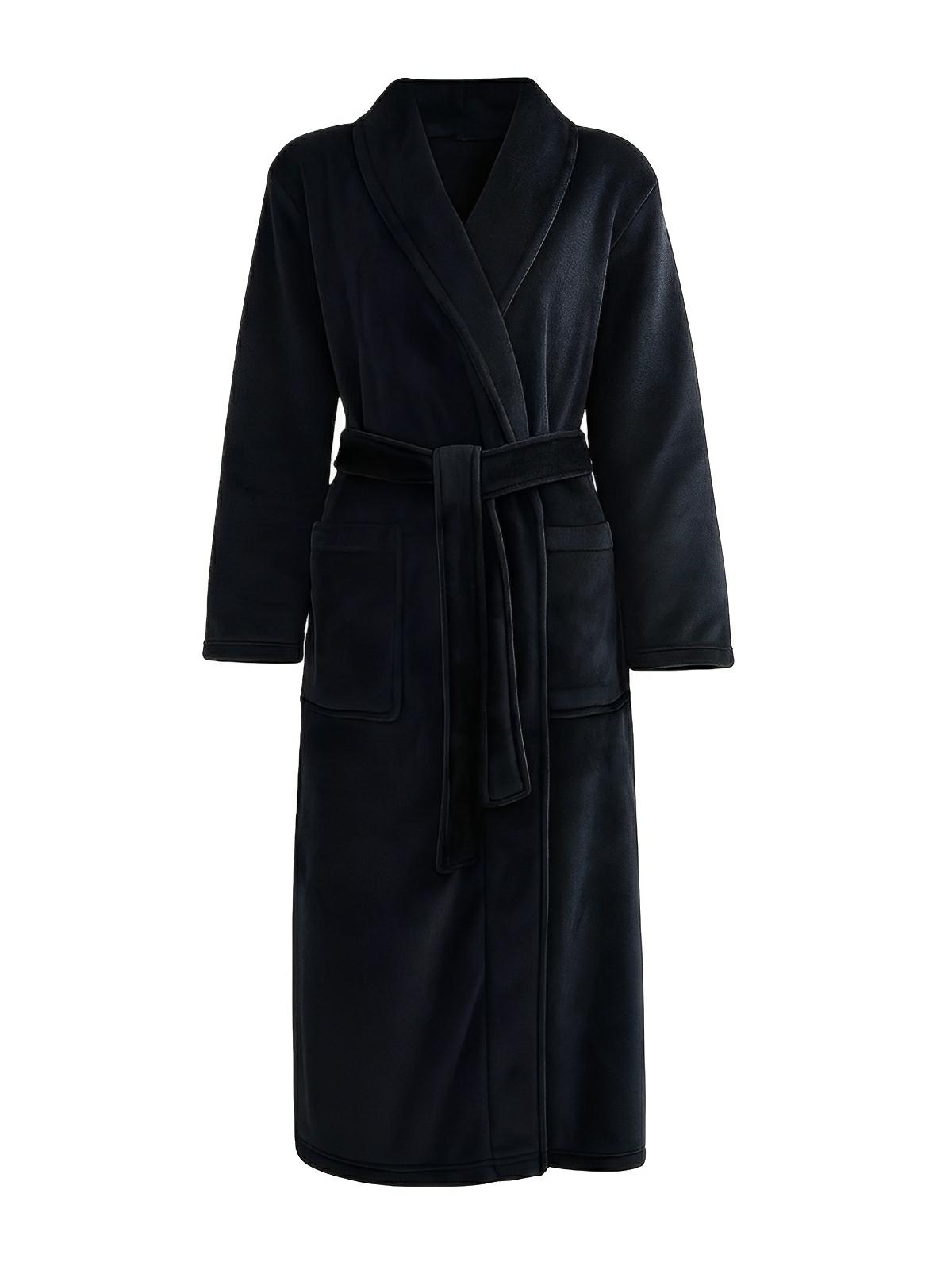 Peignoir flanelle épais, douceur cocooning, confort longue saison, ceinture ajustable, chaleur enveloppante, style unisexe, grande poche pratique, modèle Irmo - Peignoir - Noir M