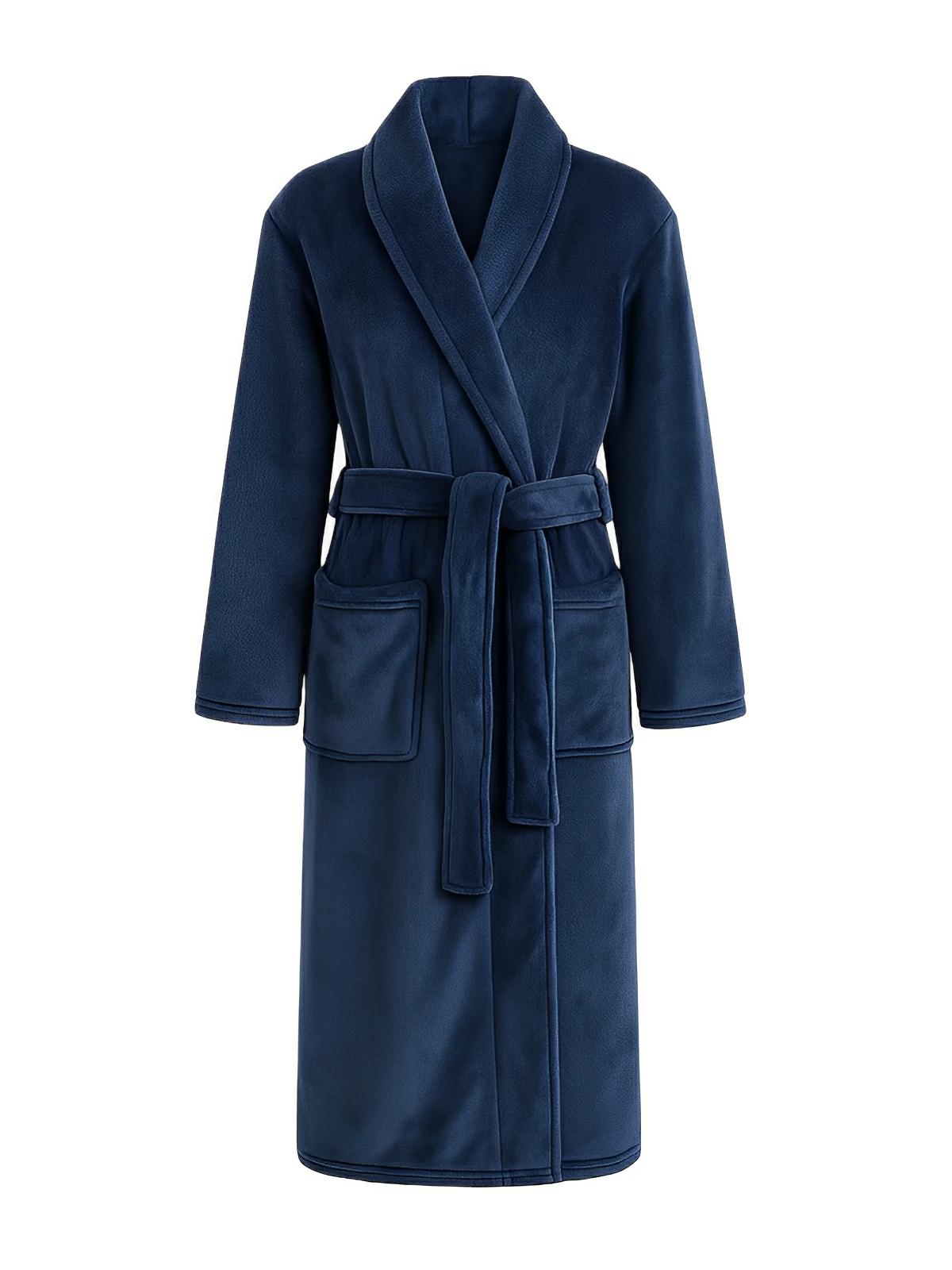 Peignoir flanelle épais, douceur cocooning, confort longue saison, ceinture ajustable, chaleur enveloppante, style unisexe, grande poche pratique, modèle Irmo - Peignoir - Bleu marine M